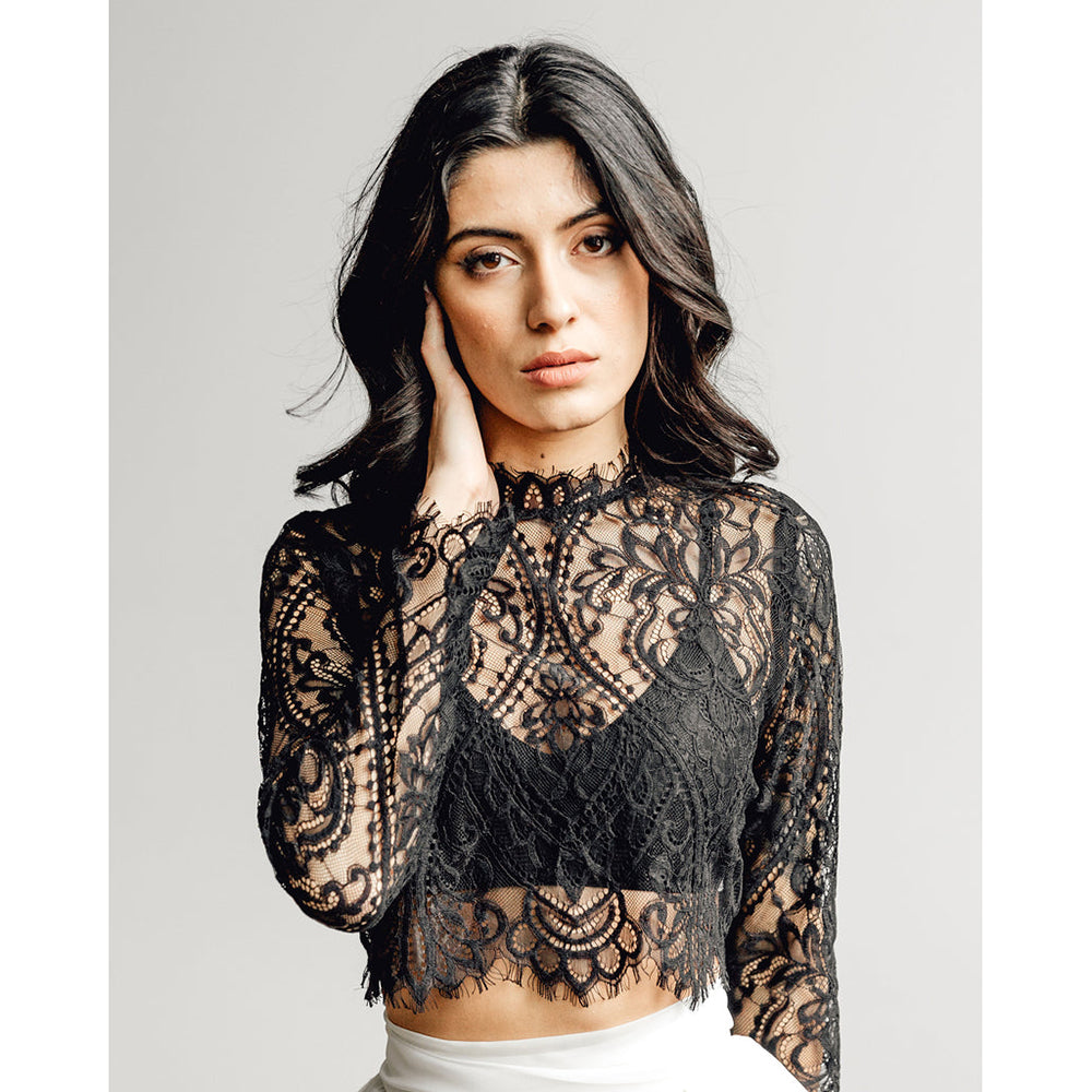 High Neck Long Sleeve Lace Top A Line Gothic Black Wedding Dress