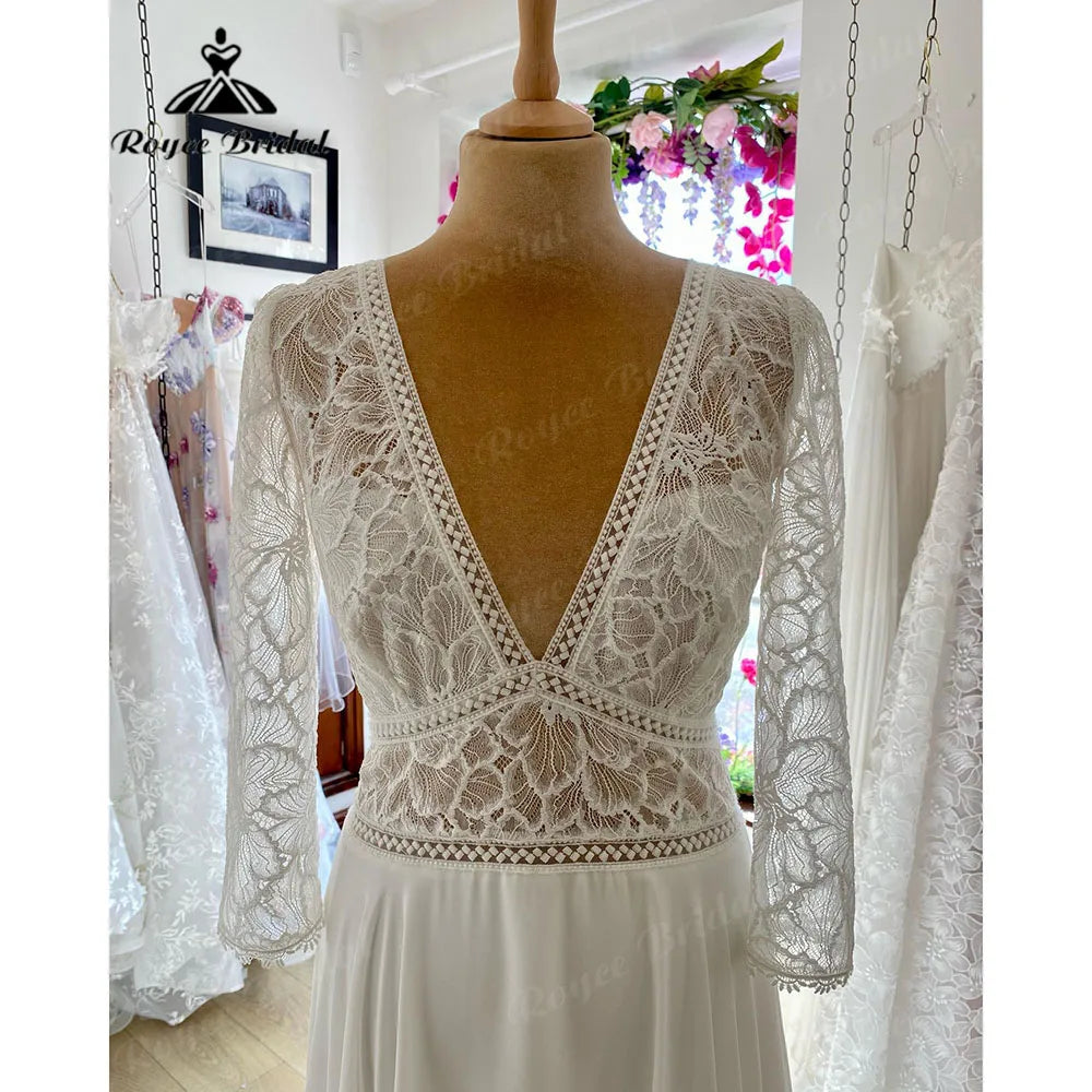 Robe de mariée bohème élégante à manches longues et col en V avec corsage en dentelle pour femme, style bohème, 2024
