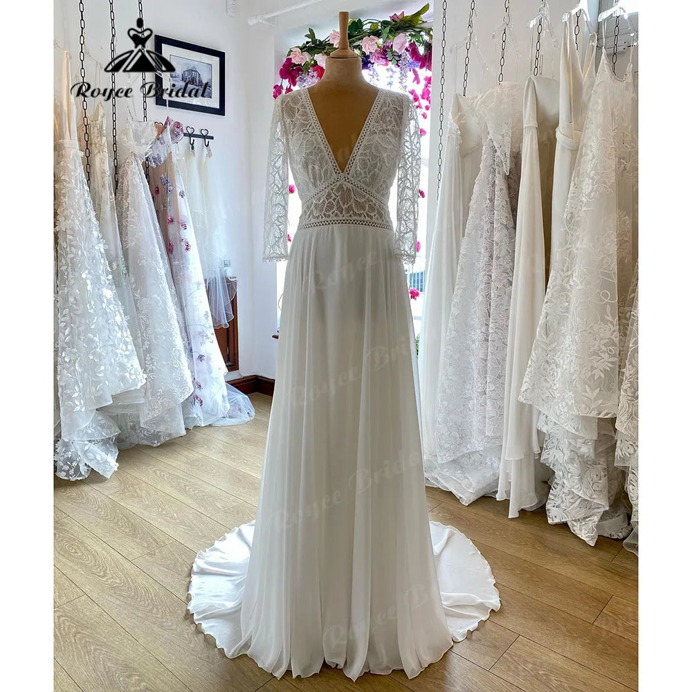 Robe de mariée bohème élégante à manches longues et col en V avec corsage en dentelle pour femme, style bohème, 2024