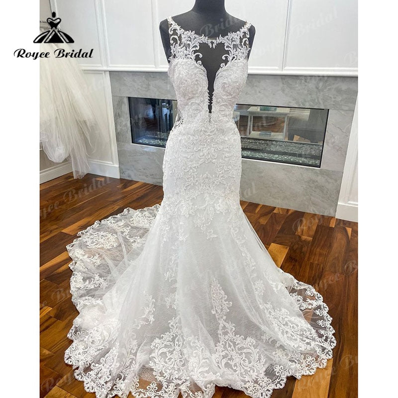 Roycebridal Élégante Robe de Mariée Sirène/Trompette en Tulle à Col Rond avec Appliques en Dentelle et Dos Nu Robe de Mariée Princesse