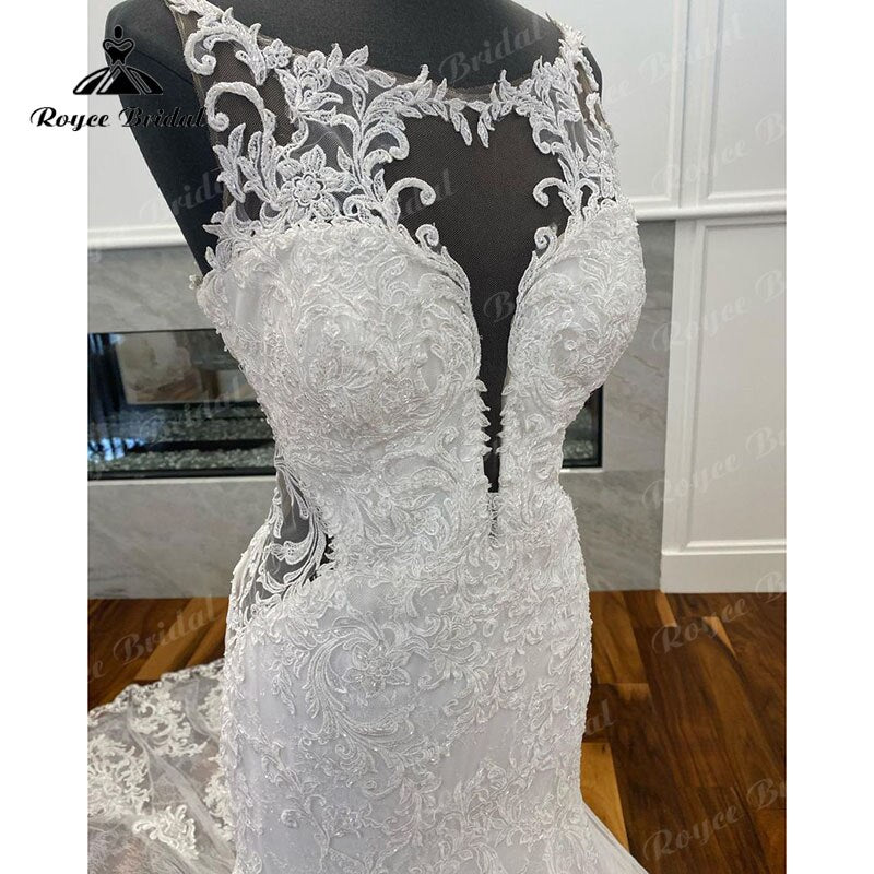 Roycebridal Élégante Robe de Mariée Sirène/Trompette en Tulle à Col Rond avec Appliques en Dentelle et Dos Nu Robe de Mariée Princesse