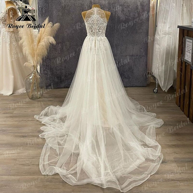 Plus Size Elegant Tulle A Line Boho Wedding Dress Halter Neckline 2025 Vestido De Novia Ivory A Line Civil Bridal Beach Gowns Lace Bodice