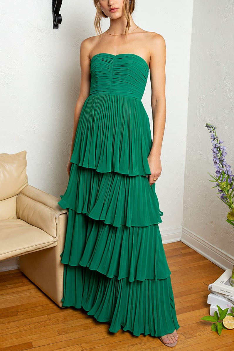 Roycebridal Khalani | Strapless Emerald Green Ruffle Multi-Layer Long Prom Dress