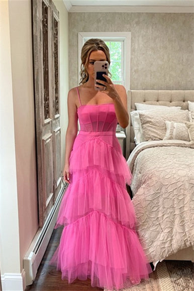 Roycebridal Princess Hot Pink Tiered Tulle Prom Dress