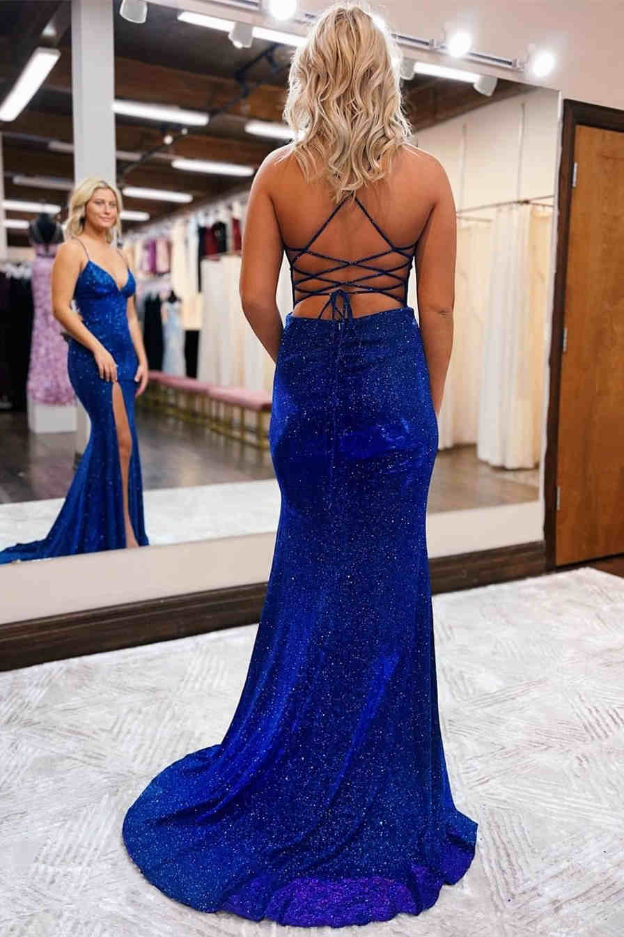 Élégante robe de soirée longue sirène bleu royal