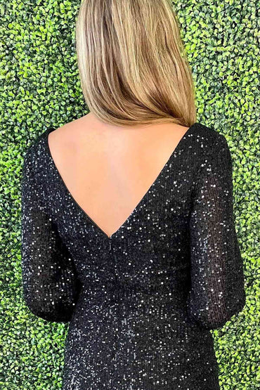 Zuleika | Robe fourreau à col en V et manches longues à paillettes