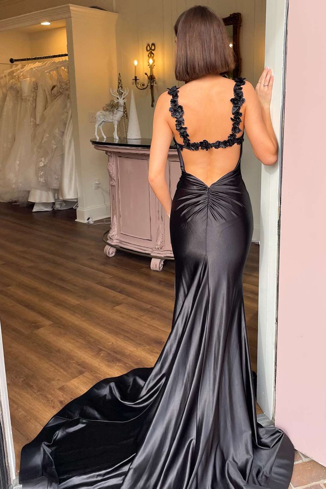 Roycebridal Hana | Langes Ballkleid im Meerjungfrau-Stil mit schwarzen Trägern und Blumenmuster