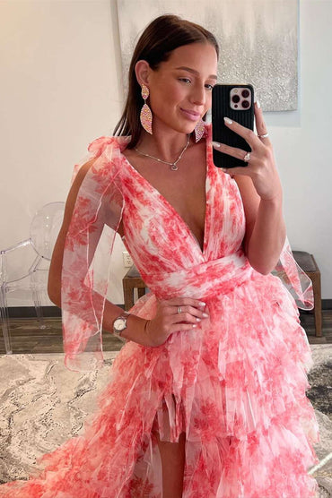 Roycebridal Kylee | Robe de bal longue rouge à imprimé floral, col en V, bretelles nouées