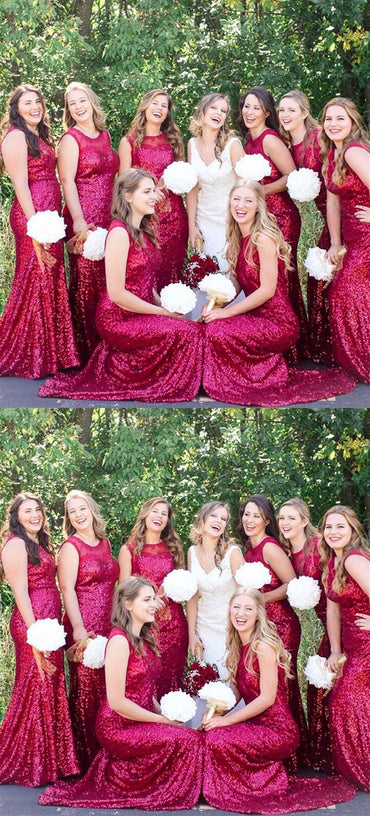 Roycebridal Ärmellose Meerjungfrau Pailletten Rot Brautjungfernkleider Rundhals
