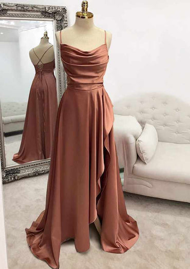 Robe de soirée longue en satin rouille pour les invités de mariage