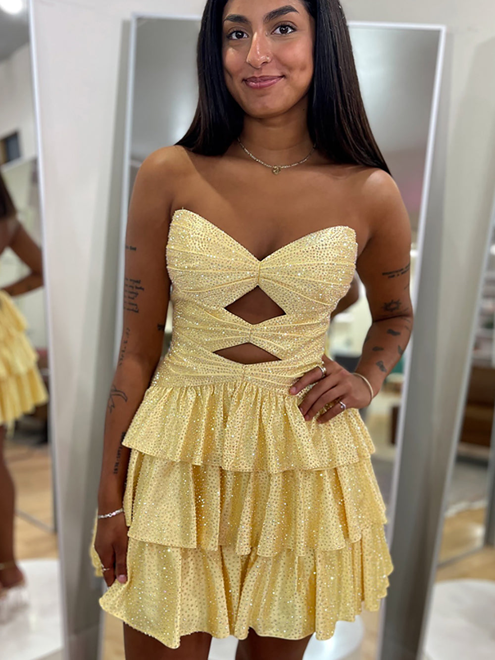 Glitter Strapless Sweetheart A Line Homecoming Dress with Keyhole