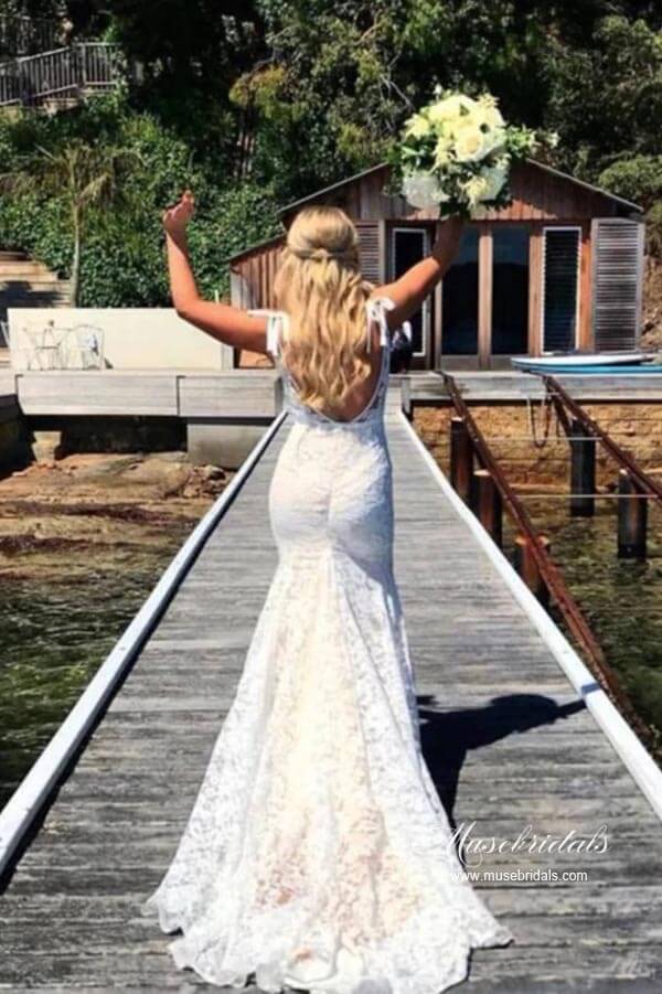 Graceful Mermaid V-neck Lace Wedding Dresses With Sweep Train, MW936 | mermaid lace wedding dresses | bohemian wedding dresses | wedding dresses online | musebridals.com