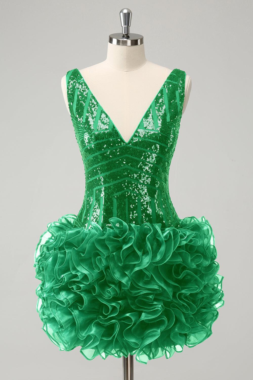 Stilvolles dunkelgrünes, figurbetontes, kurzes Homecoming-Kleid mit Pailletten und V-Ausschnitt und abnehmbarem Rock