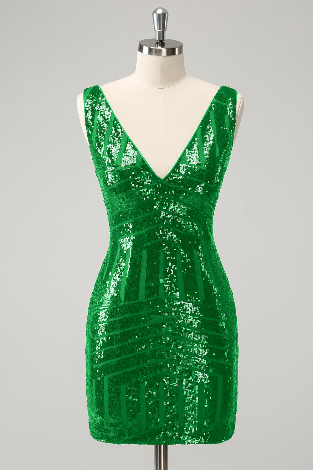 Stilvolles dunkelgrünes, figurbetontes, kurzes Homecoming-Kleid mit Pailletten und V-Ausschnitt und abnehmbarem Rock