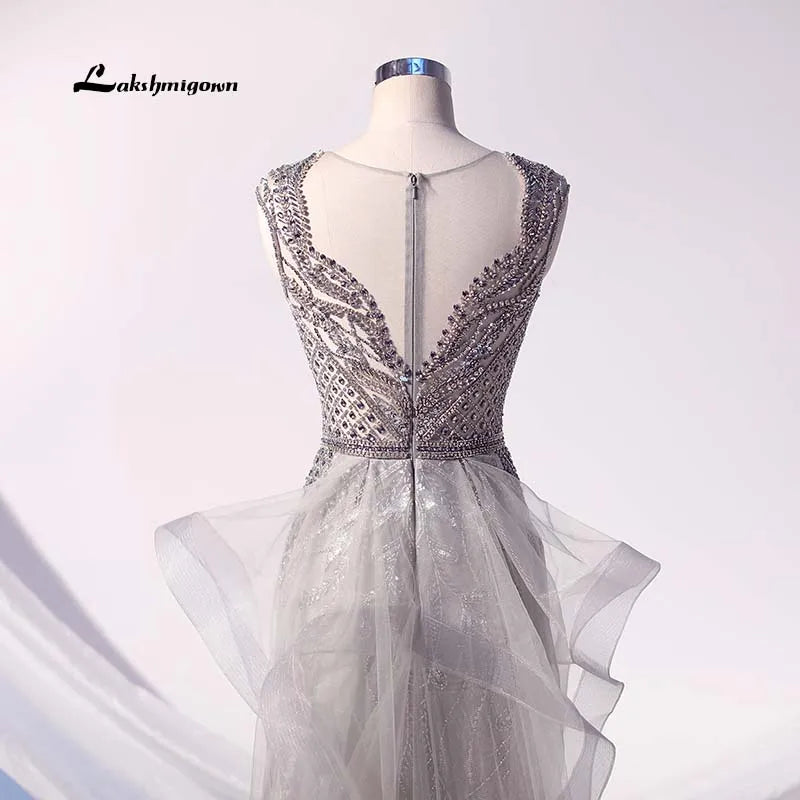 Robe de soirée sirène Roycebridal Lakshmigown à strass argentés, longue, à volants, en tulle et perles, tenue de soirée formelle