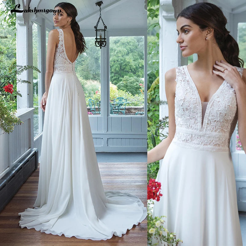 Roycebridal Chiffon-Brautkleider V-Ausschnitt A-Linien-Kleid mit vollem Chiffonrock Bruidsjurk Schicke Brautkleider Spitzenmieder