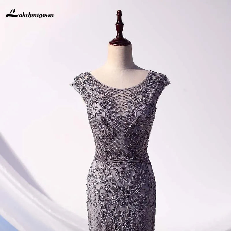 Roycebridal Lakshmigown Luxus-Abendkleid mit grauen Kristallen, lang, Meerjungfrau, Perlen, Flügelärmeln, Abendkleid, formelles Partykleid, Vestido Gala Largo