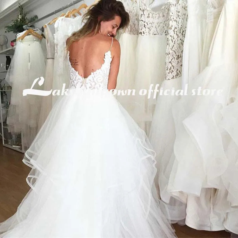 Roycebridal lakshmigown V Neck Princess Tulle Wedding Dresses Thin Straps Puffy Bridal Dress Robes de Mariag A-line Wedding Dresses