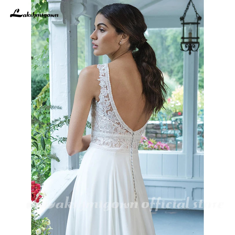 Roycebridal Chiffon-Brautkleider V-Ausschnitt A-Linien-Kleid mit vollem Chiffonrock Bruidsjurk Schicke Brautkleider Spitzenmieder