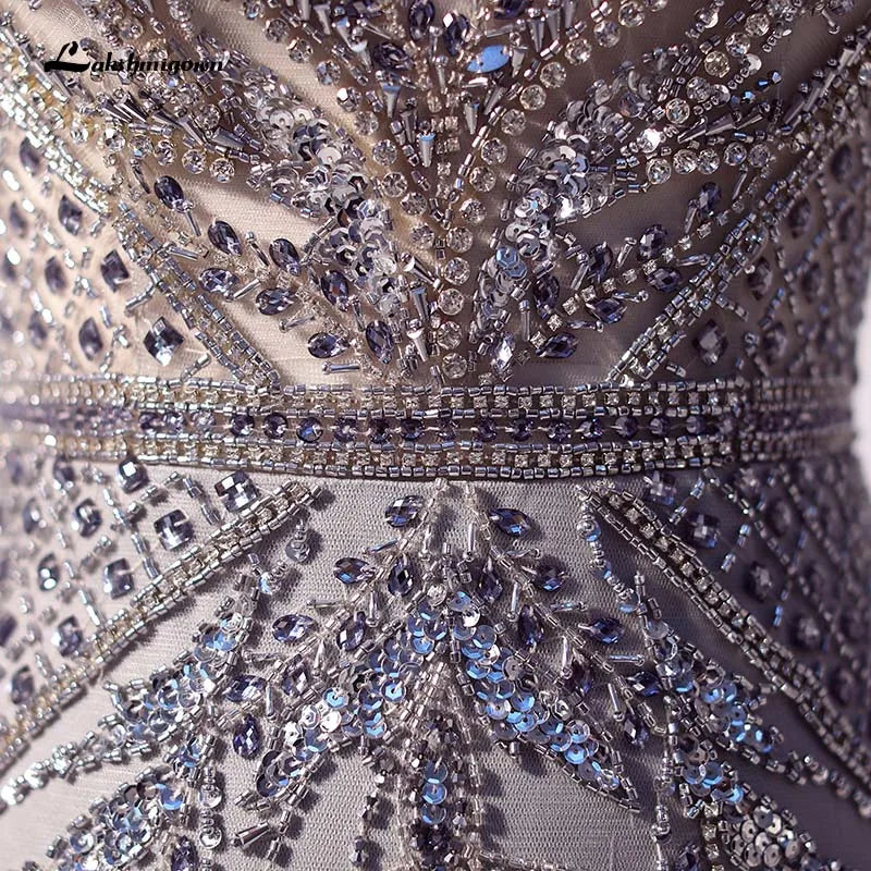 Robe de soirée sirène Roycebridal Lakshmigown à strass argentés, longue, à volants, en tulle et perles, tenue de soirée formelle