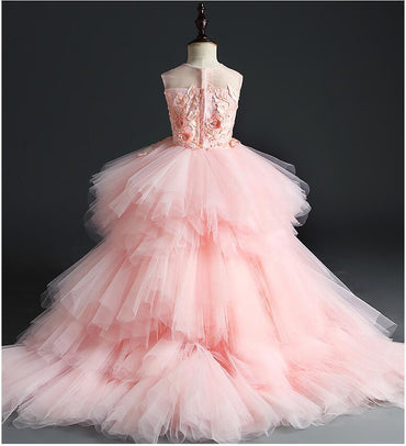 Robe de demoiselle d'honneur de mariage en tulle rose à volants, motif papillons floraux 3D perlés