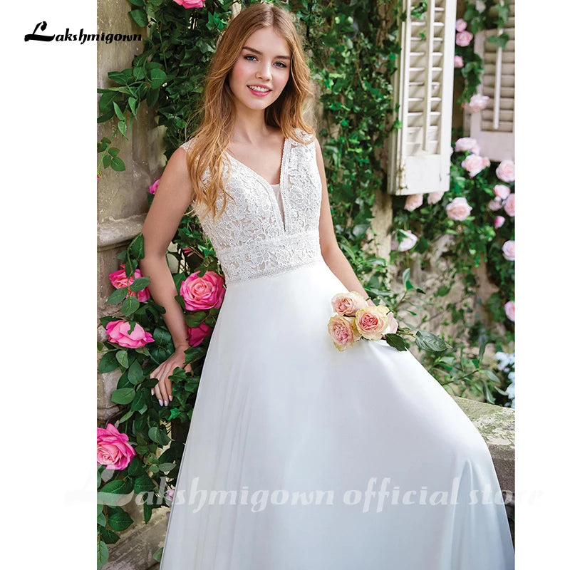 Roycebridal Chiffon-Brautkleider V-Ausschnitt A-Linien-Kleid mit vollem Chiffonrock Bruidsjurk Schicke Brautkleider Spitzenmieder