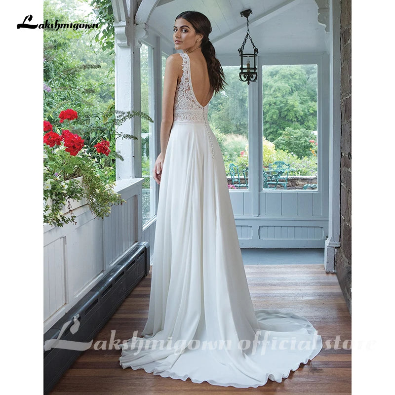Roycebridal Chiffon-Brautkleider V-Ausschnitt A-Linien-Kleid mit vollem Chiffonrock Bruidsjurk Schicke Brautkleider Spitzenmieder