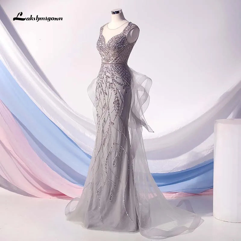 Robe de soirée sirène Roycebridal Lakshmigown à strass argentés, longue, à volants, en tulle et perles, tenue de soirée formelle