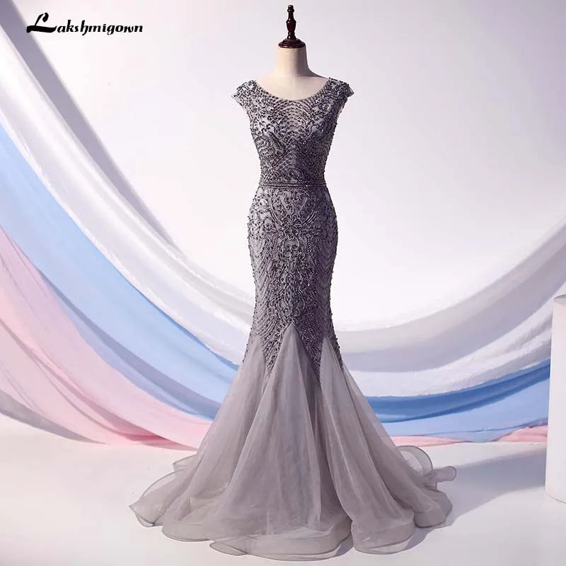 Roycebridal Lakshmigown Luxus-Abendkleid mit grauen Kristallen, lang, Meerjungfrau, Perlen, Flügelärmeln, Abendkleid, formelles Partykleid, Vestido Gala Largo