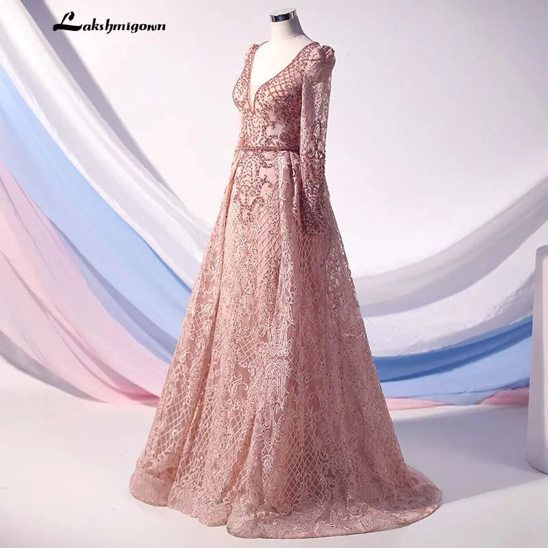 Roycebridal Lakshmigown Blue Handmade Flowers Design Evening Dresses 2020 Dubai Crystal Luxury V-Neck Evening Gowns Vestido de Fiesta