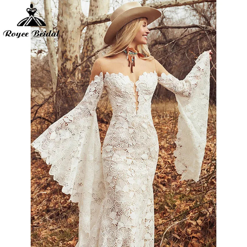 Mermaid Boho Wedding Dresses Long Flare Sleeve Floral Print Deep V Neck