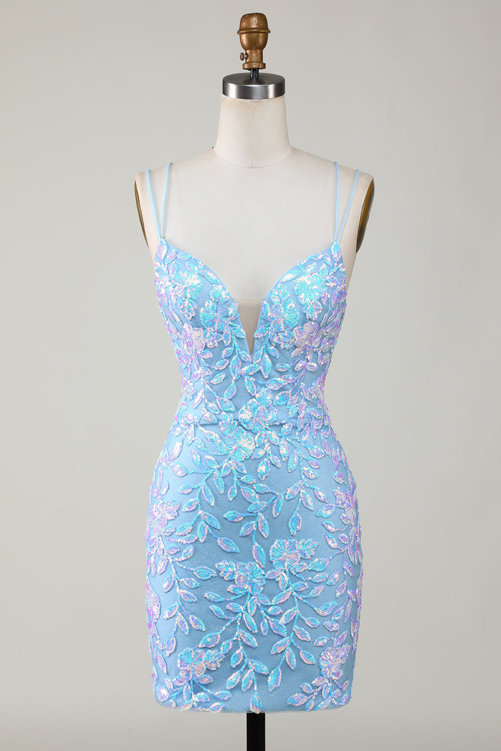 Blaues, kurzes Homecoming-Kleid mit Spaghettiträgern und Aqqliques