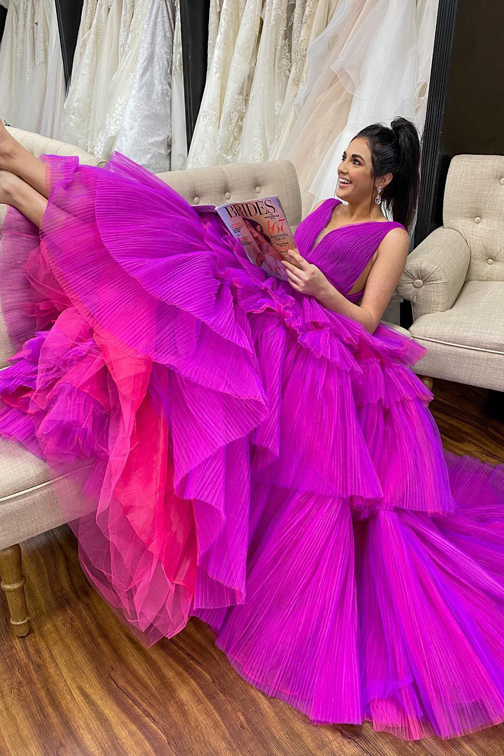 Roycebridal Giana |A-Linien-Ballkleid aus gestuftem Tüll mit V-Ausschnitt