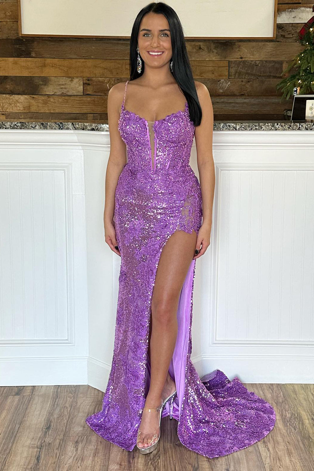 Roycebridal Kairi |Mermaid Spaghetti Straps Appliques Prom Dress with Slit