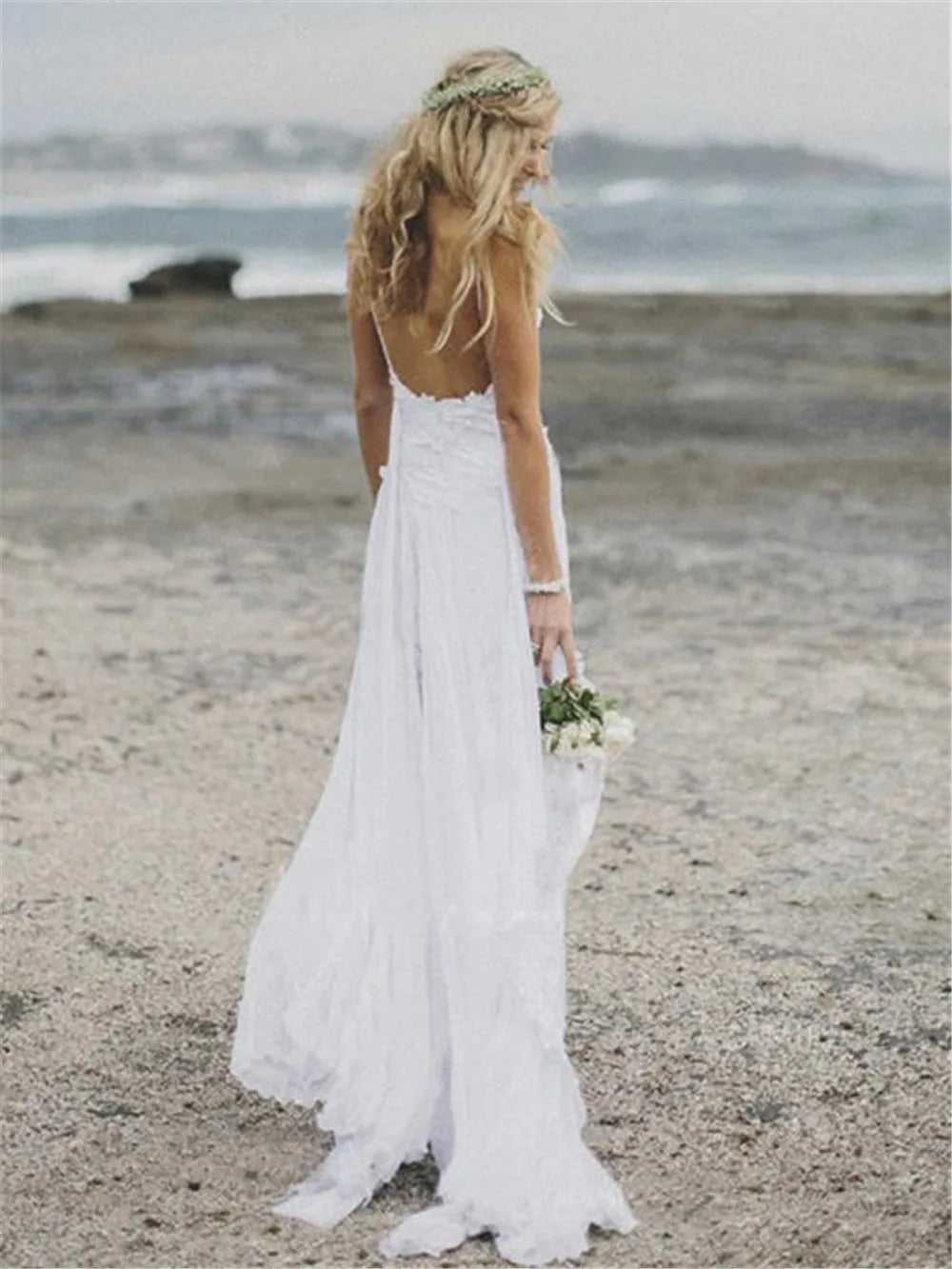 Roycebridal Spaghetti Straps White Chiffon Front Slit Beach Wedding Dress with Lace Elegant Open Back Bridal Dress lakshmigown