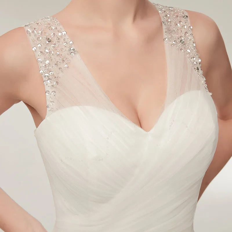 Roycebridal Beach Wedding Dresses Vestido Noiva Simple White Tulle V-neck Bridal Gown robe de mariage vestido de noiva sereia