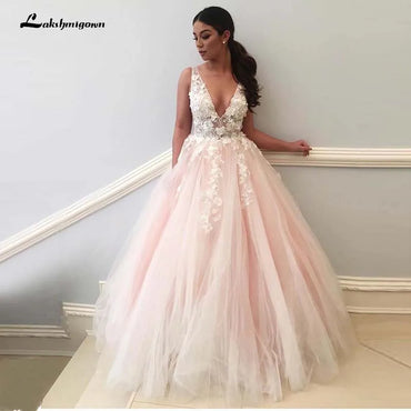 Robe de mariée rose clair Roycebridal, col en V, fleurs 3D, appliques en dentelle, robe de soirée formelle