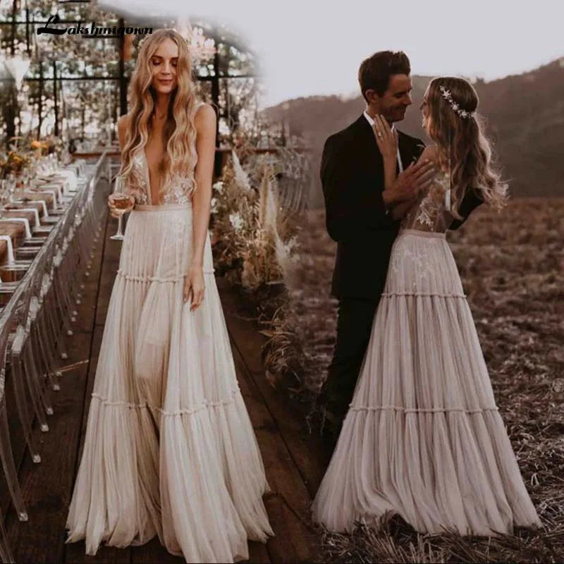 Roycebridal Boho Hippie Wedding Dress Sleeveless V Neck Chic Styl Whimsical Ruched Skirt Tulle Bridal Gowns Robe de mariee