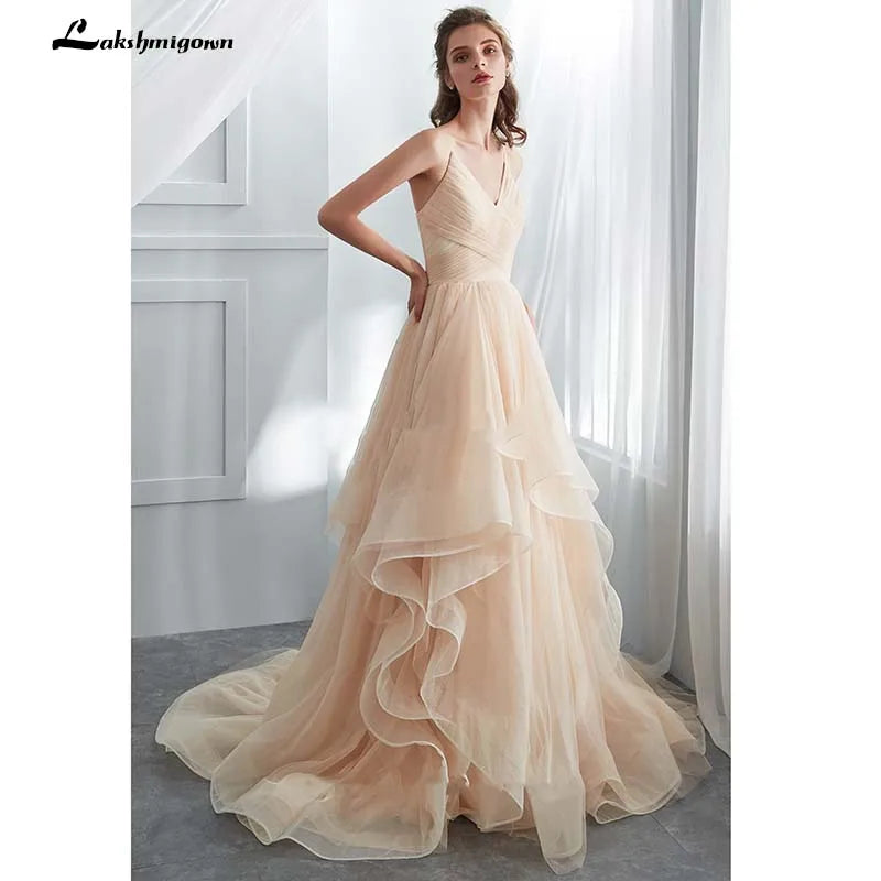 Roycebridal Romantic Spaghetti Straps Champagne Puffy Long Ruffled Soft Tulle Ball Gown Wedding Dress Bridal Dresses Vestido De Noiva