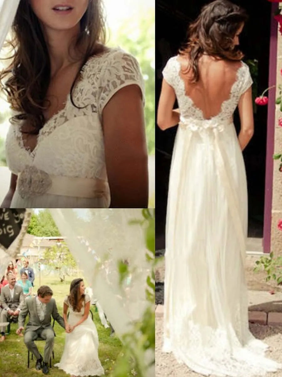 Robe de mariée de plage à manches courtes et dos nu, style Roycebridal, avec perles, robe de mariée simple, blanche, col en V