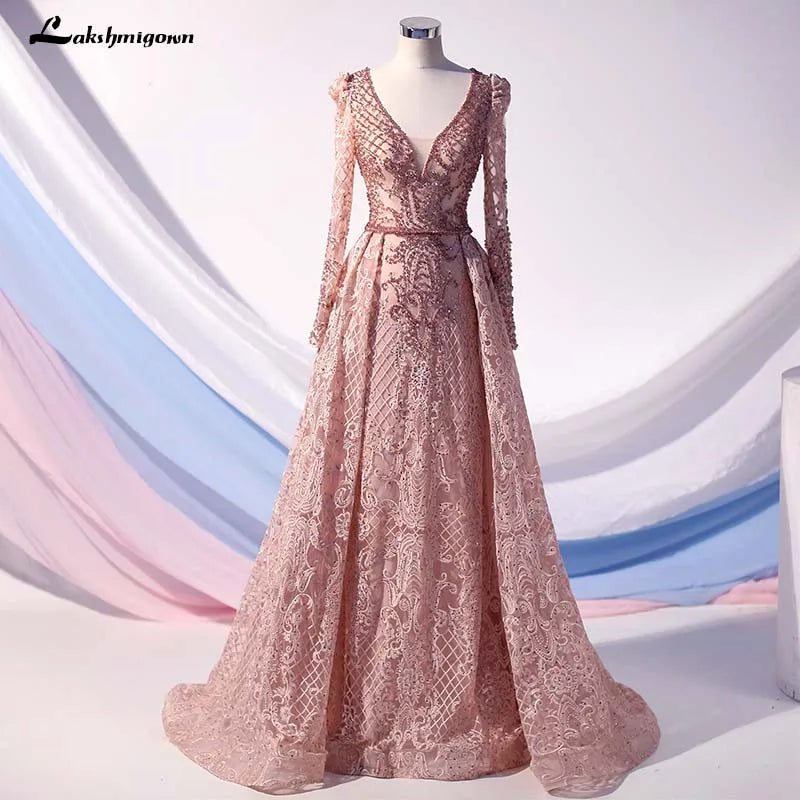 Roycebridal Lakshmigown Blue Handmade Flowers Design Evening Dresses 2020 Dubai Crystal Luxury V-Neck Evening Gowns Vestido de Fiesta