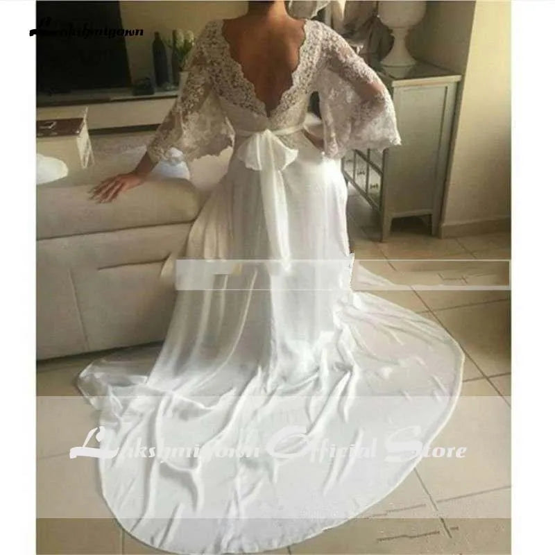 Roycebridal Bohemian Wedding Dresses Illusion Lace Bridal Gown Backless Long Sleeve Deep V Neck Boho Chiffon Plus Size Beach Bridal Dress