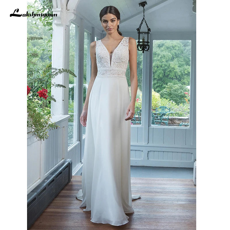Roycebridal Chiffon-Brautkleider V-Ausschnitt A-Linien-Kleid mit vollem Chiffonrock Bruidsjurk Schicke Brautkleider Spitzenmieder