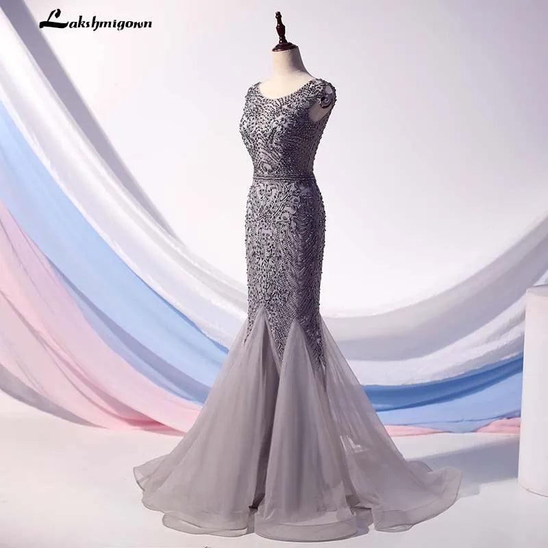 Roycebridal Lakshmigown Luxus-Abendkleid mit grauen Kristallen, lang, Meerjungfrau, Perlen, Flügelärmeln, Abendkleid, formelles Partykleid, Vestido Gala Largo