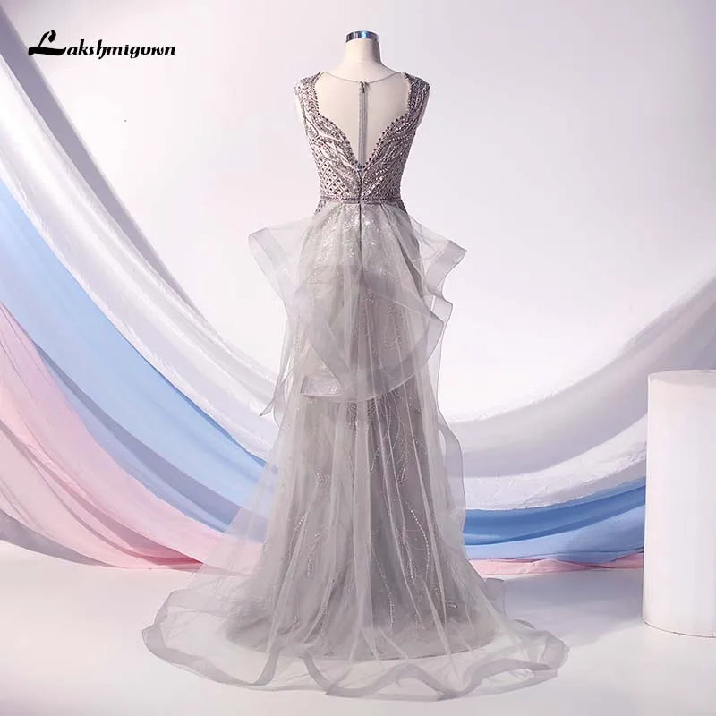 Robe de soirée sirène Roycebridal Lakshmigown à strass argentés, longue, à volants, en tulle et perles, tenue de soirée formelle