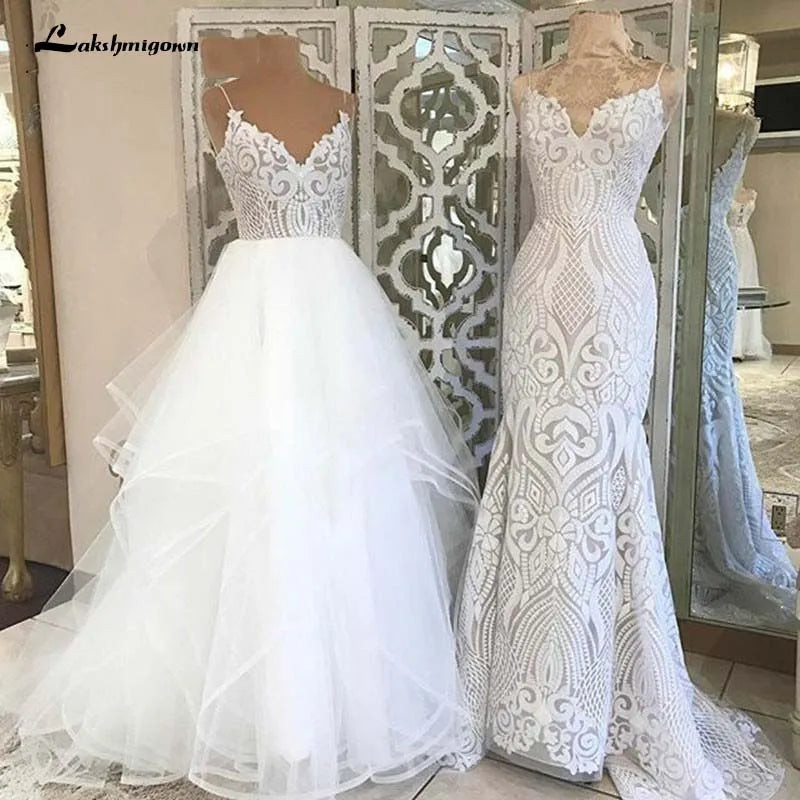 Roycebridal lakshmigown V Neck Princess Tulle Wedding Dresses Thin Straps Puffy Bridal Dress Robes de Mariag A-line Wedding Dresses
