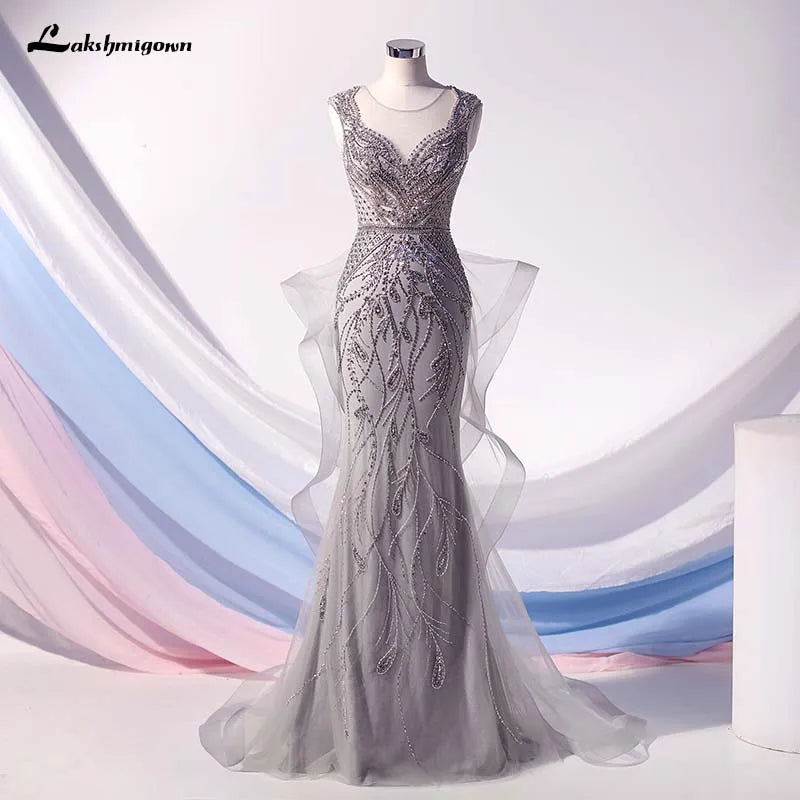 Robe de soirée sirène Roycebridal Lakshmigown à strass argentés, longue, à volants, en tulle et perles, tenue de soirée formelle
