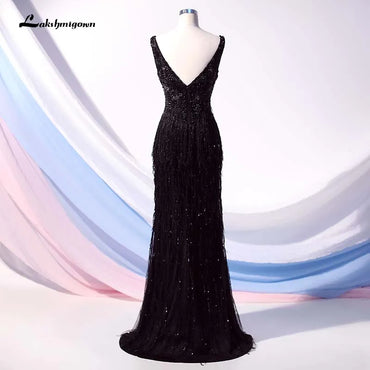 Roycebridal Lakshmigown Schwarzes Abendkleid mit Quaste, lang, mit Kristallen und Perlen, rückenfrei, formelles Abendkleid, Partykleid, Robe de Soiree