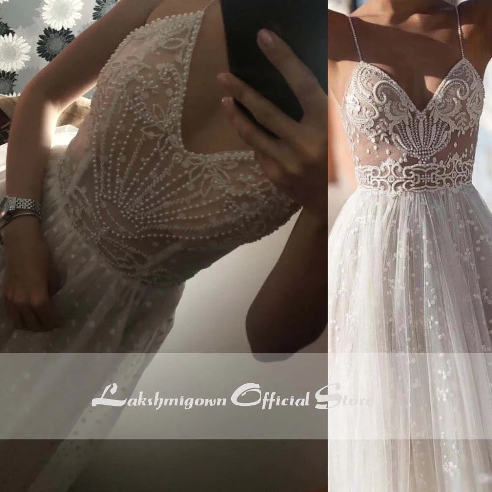 Roycebridal Sexy Illusion Travel Wedding Dress Beach Wedding Gown with Pearls Beading Tulle Sweep Train Arab robe de mariee