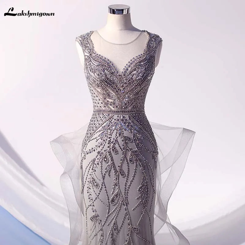 Robe de soirée sirène Roycebridal Lakshmigown à strass argentés, longue, à volants, en tulle et perles, tenue de soirée formelle